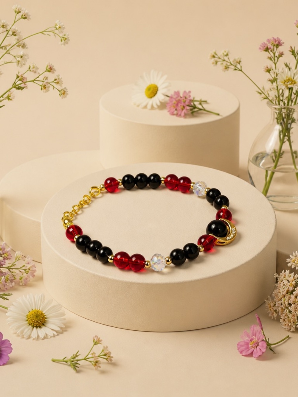 Gold-Accented Black and Red Beaded Bracelet